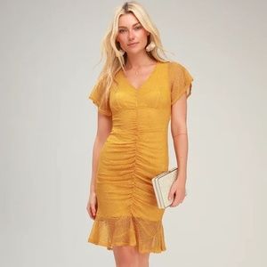 Lulu's MUSTARD YELLOW LACE RUCHED BODYCON DRESS